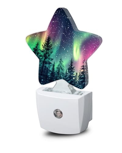 Image of Night Light,Aurora Forest Plug into Wall with Dusk to Dawn Light Sensors,Northern Winter Aurora Warm Star Nightlights for Bedroom,Bathroom,Hallway,Kitchen Home Decor Desk Lamp