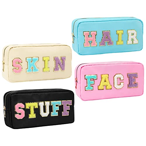 Nylon Zipper Waterproof Preppy Makeup Organizer Bag Set - Cosmetic Stuff Pouch For Women Travel Organization Outdoor With Chenille Letter Patches - 4 Pcak #TOP4
