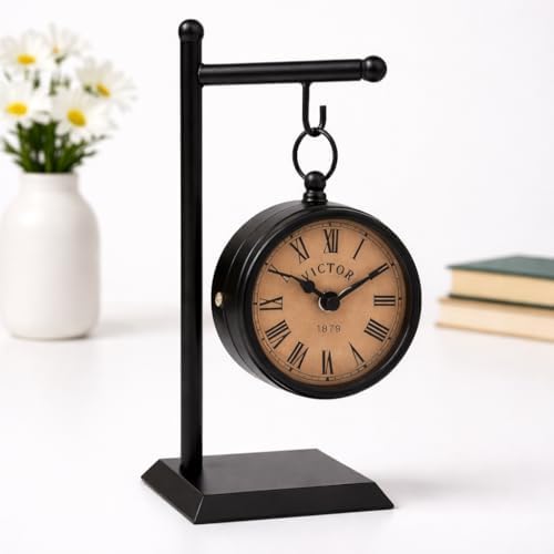Orangie Decor 14 inch | Vintage London Station Table Clock Antique Black | Wood Iron & Glass Analog Desk Clock Home Decor