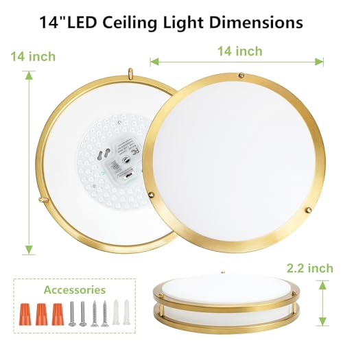 Image of Flush Mount Ceiling Light - 2 Pack 14″ 36W 3000K /3500K /4000K /5000K /6000K Dimmable Led Ceiling Light Fixture for Kitchen Hallway Bedroom Bathroom (2, Brushed Gold, 14 Inch)