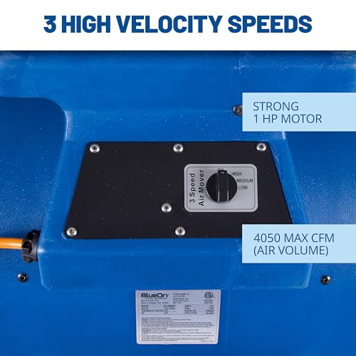 Image of BlueDri Super Monsoon 1 HP, 4050 CFM Air Mover Blower Fan for Water Damage Restoration Carpet Dryer Floor Home and Plumbing Use, Blue, BD-SMNSN