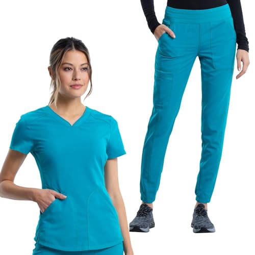 Ensemble d'infirmière bleu sarcelle avec haut col en V et pantalon jogging coupe classique