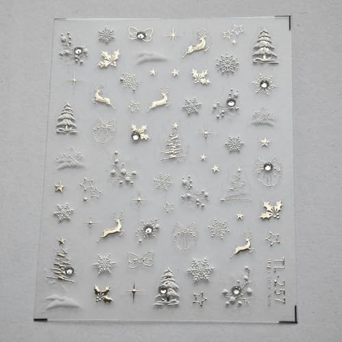 Image of Christmas Silver Nail Stickers Snowflake Nail Art Decals 5D Embossed Self Adhesive Rhinestone with Design Christmas Tree Nail Decals for Nails Art Reindeer Nails Supplies for Women DIY Manicure