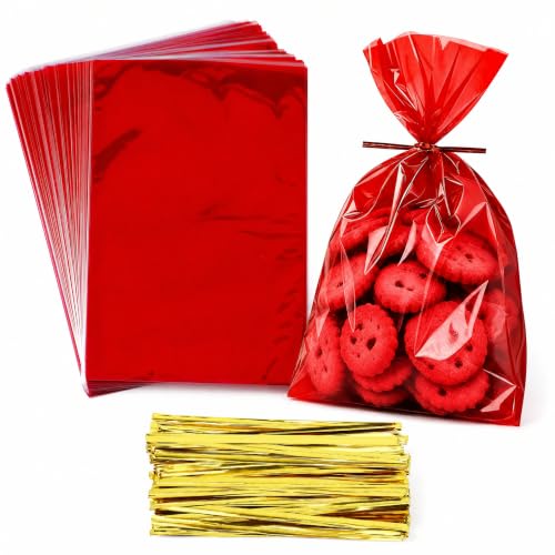 Sacs cellophane transparent, bonbons biscuits, rouge 6x9 po, 50 unités