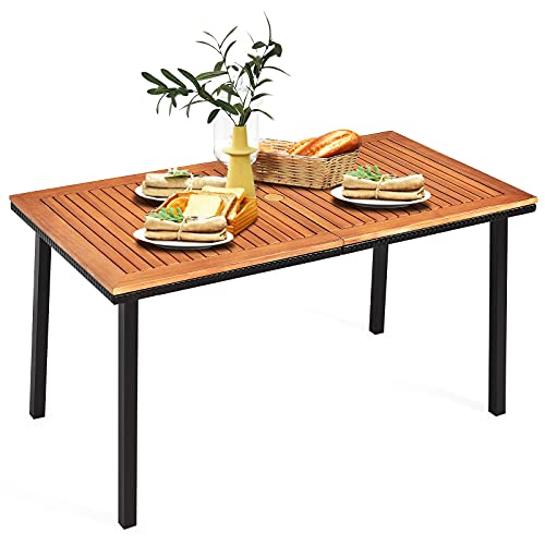 GIANTEX Tavolo da Pranzo in Legno di Acacia Rettangolare, Tavolo da Giardino con Foro per Ombrellone in Design Industriale,140 x 75 x 76 cm