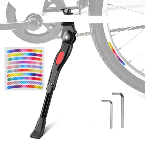 LAMOOER Béquille de vélo pour vélos de 22, 24, 26 pouces avec autocollants à bandes réfléchissantes, Béquille de vélo réglable avec support central