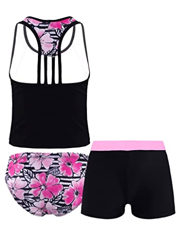Kids Girls 3 Piece Tankini Swimsuit Floral Print Top with Boyshorts Bottoms Bathing Suit Swimwear4