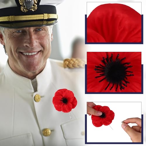 Image of 32 Pcs Memorial Day Red Black Poppy Artificial Flower Brooch Pin Bulk Lest We Forget Fake Flower Head Gifts for Women Men Hero Veteran Remembrance Day