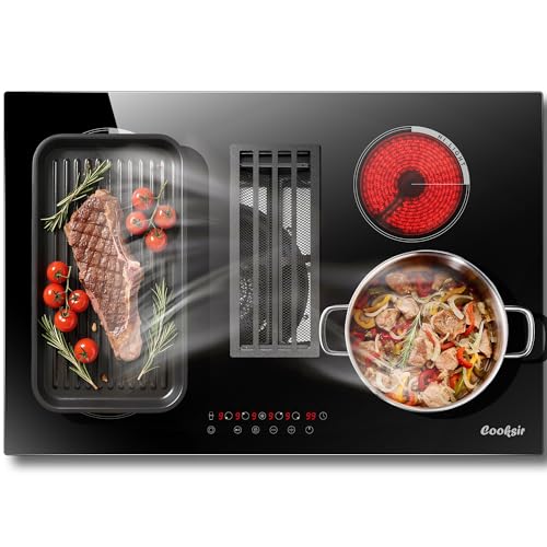Cooksir 30 Inch Electric Cooktop with Ductless Downdraft - 4 Burner Built-in Stove 7400W, 30' Electric Stove Downdraft Range Hood 135W, Timer, Safety Lock, 220V Hard Wired, Recirculating Air Vent