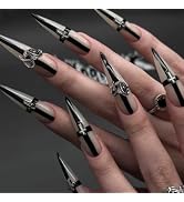 Goth Press on Nails Stiletto Fake Nails with 3D Cross Designs 24 Pcs Natural Reusable Long Almond...