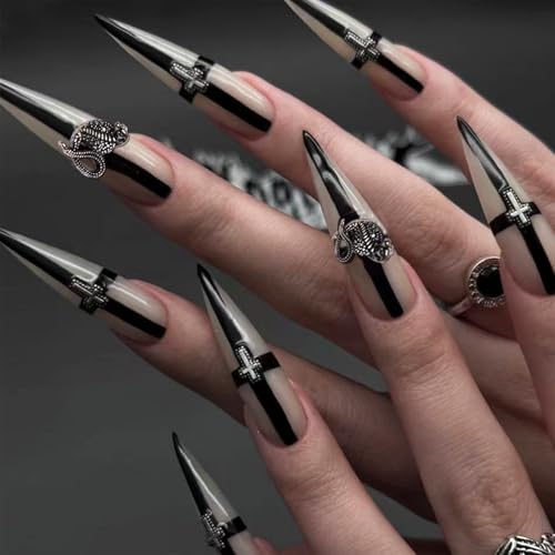 Goth Press on Nails Stiletto Fake Nails with 3D Cross Designs 24 ...