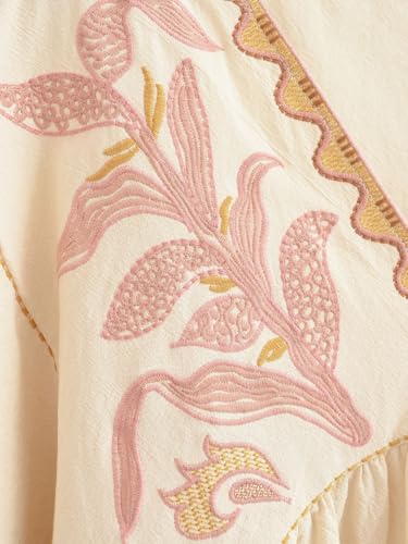 Image of Joiemont Womens Oversized Embroidered Dress with V-Neck and 3 /4 Sleeves Vintage Embroidery Babydoll Dress