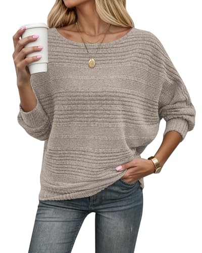 WNEEDU Pull Femme Chic et Elegant Pulls Tricoté Hiver à épaules Nues Col Bateau Manches Chauve-Souris Automne Chaud Haut Top Kaki XL