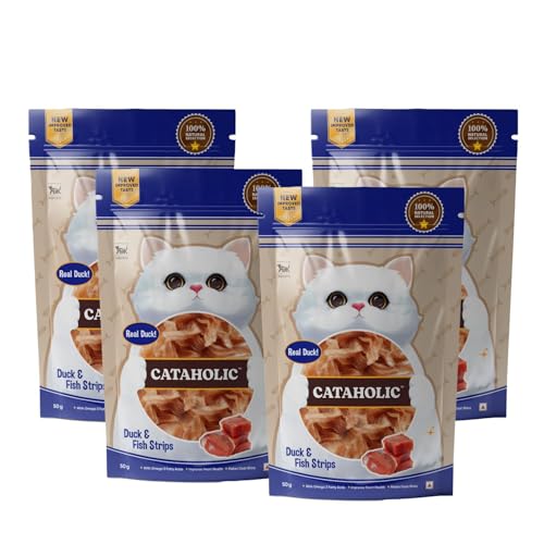 Image of Cataholic Duck & Fish Jerky Strips Cat Treats, High Protein Natural Cat Snacks, Soft Chewy Training Treats for All Cat Breeds, Each 50 g