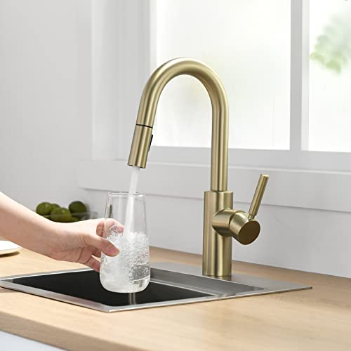 Ouen Brushed Gold Bar Faucet With Pull Down Sprayer For Single Sink,Bar Brass Faucet One Hole For Rv Campers Sink Small Faucet With Cupc Supply Hose #TOP1