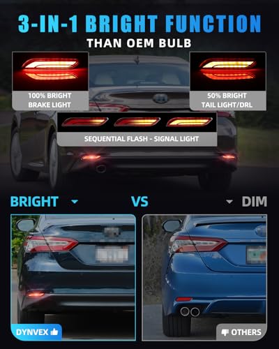 Image of LED Rear Bumper Reflector Light Compatible with Camry 2018-2024, [Play & Plug] Not Wiring [IP67 Waterproof], Red LED Tail Brake Rear Fog & Sequential Turn Signal Lamps, 2 PCS, Red Lens