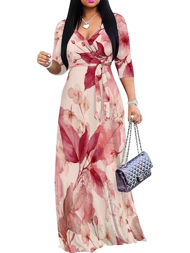 Image of SUZONANA Plus Size Dresses for Women Floral Print Maxi Dress Flowy 3 /4 Sleeve with Belt