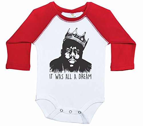 Biggie Smalls Long Sleeve Raglan Baby Onesie IT was All A Dream Unisex (6-12M, White & RED)
