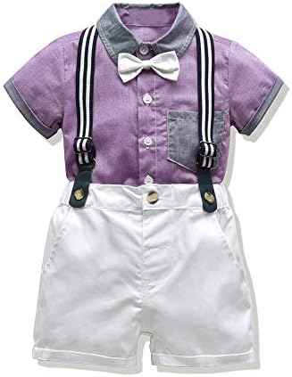 Moyikiss Studio Baby Boys Gentleman Outfit Suits, Infant Boys Short Pants Set, Short Sleeve Shirt+Suspender Pants+Bow Tie (Purple, 100/3Years)