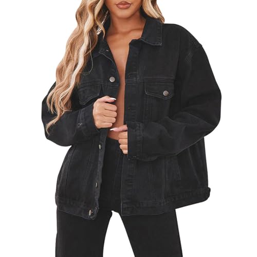 CHBAZH Black Jean Jacket for Women Oversized Long Sleeve plus size Casual Denim Jackets with Pockets 2026(Black,L)