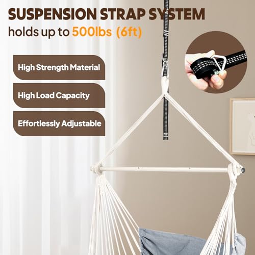 Image of Chihee Hammock Chair Foot Rest 2 Cushions Max 500lbs Metal Spreader Bar | Robust Hanging Chair Soft Cotton Blended Swing Collapsible Easy Storage Strong Strap Iron Carabiner Pocket Indoor Outdoor