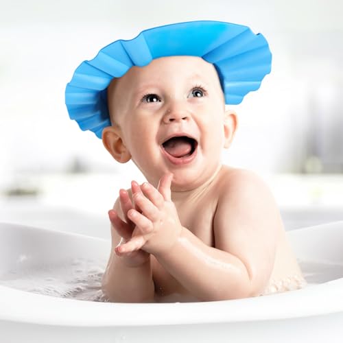 Image of ibasenice Baby Shower Cap Adjustable Shampoo Shield Hat for Hair Washing Soft Elastic Bathing Cap with Water Flow Slots Protects Eyes and Face Fits Ages 3 Months to 6 Years