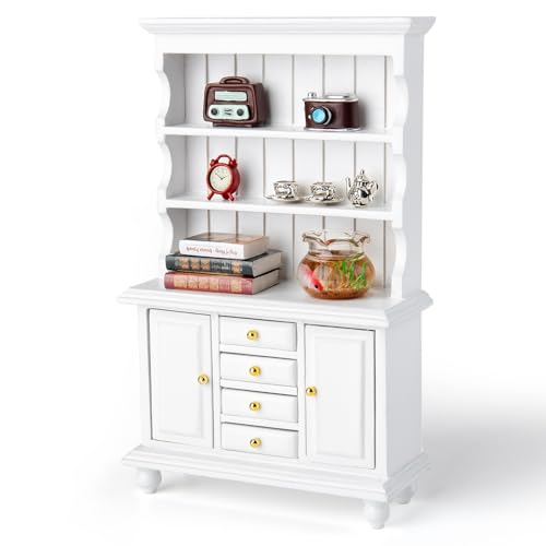 Minamzee 1/12 Dollhouse Cabinet Set, 11Pcs Dollhouse Miniature Wooden Bookshelf with Accessories (Alarm Clock, Fish Tank, Books, Coffee Cups) for Living Room,Dining Room,Study and Other Scenes
