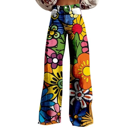 Flare Wide Leg Jeans for Women 2025 Floral Print Baggy Pant Vintage High Waisted Straight Stretch Pants with Pockets