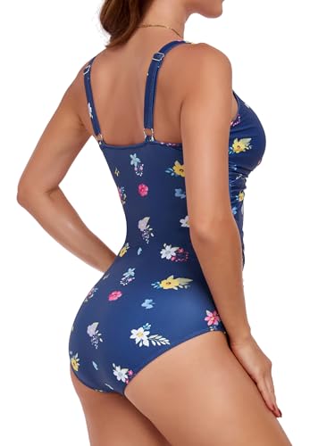 Image of Smismivo Tummy Control Swimsuits for Women Slimming One Piece Bathing Suit Retro Ruched Push Up Vintage Padded Swimwear