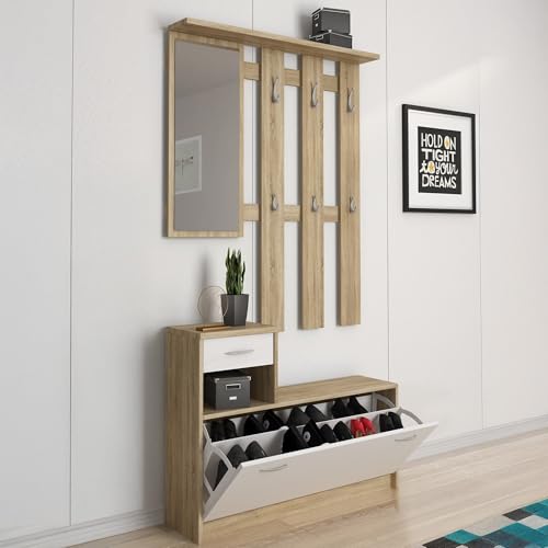 Dmora - Meuble d'entrée Sargassi, Crochet d'entrée, Composition pour l'atrium, Console de rangement multifonction, 100x26h190 cm, Blanc et chêne clair