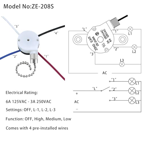 Image of Ceiling Fan Switch Zing Ear ZE-208S E89885 3 Speed 4 Wire Pull Chain with 4 Pre-Installed Wires Light Fan Switch Replacement (Silver)