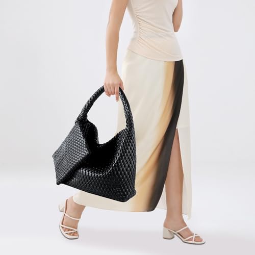 Image of Woven Bag for Women Vegan Leather Tote Bag Large Summer Beach Travel Handbag and Purse Retro Handwoven Shoulder Bag