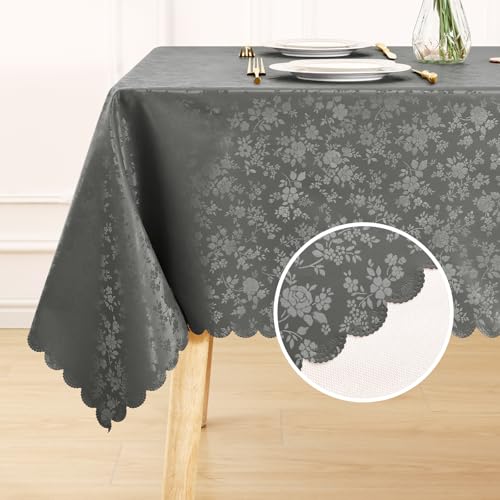 Image of Smiry Rectangle Waterproof Heavy Duty Vinyl Tablecloths, 60 x 102 Inch | Wipeable Washable Floral Embossed Table Cover for Kitchen and Dining Room, Indoor & Outdoor Use, Dark gray