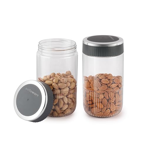 Image of CELLO Mint Storage Canister For Kitchen Set of 2, (1000 ml x 2), Grey | Food Grade, Stackable, See Through |Nestable Storage Pet Container with Lid for Food, Pulses, Spice, Cereals, Cookies,Dry Food