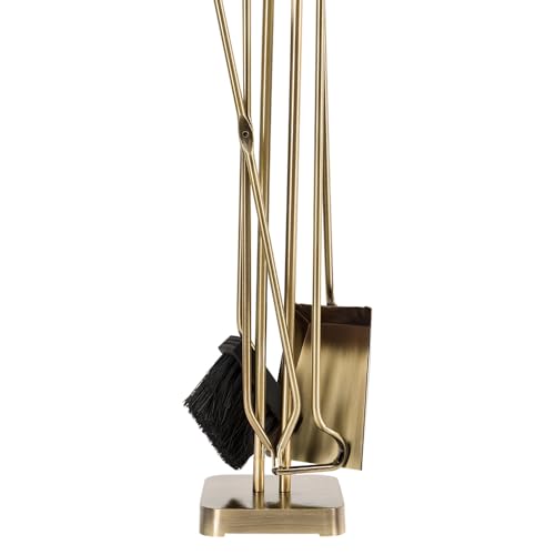 Modern Ember Levi 5 Piece Fireplace Tool Set in Black with Maple Wood Handles | Includes Brush, Shovel, Fire Poker, Tongs, and Stand | Heavy-Duty Steel | Heat-Resistant Powder Coating