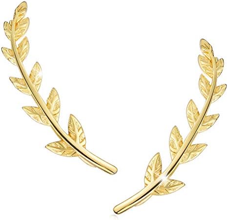 925 Sterling Silver 14K Gold Plated Crawler Cuff Leaf Stud Earrings Climber Hoop Jacket Earrings for Women for girls Hypoallergenic with Box Packing (gold-2)