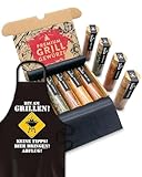 BBQ Gewürze Geschenkset & Grillschürze für Männer - 5 erlesene Grillgewürze inkl. Rezepte, perfektes Geschenk für Herren, Grill Geschenke für Grillfans, Barbeque Zubehör Gewürz Set
