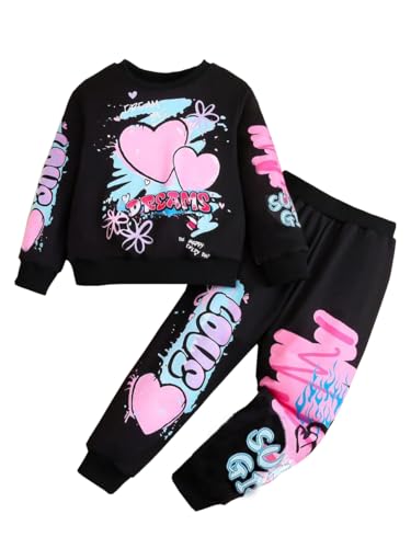 Image of Kids Toddler Girl Clothes Heart Letter Print Long-sleeved round collar top+Letter Print Pants Outfits Set
