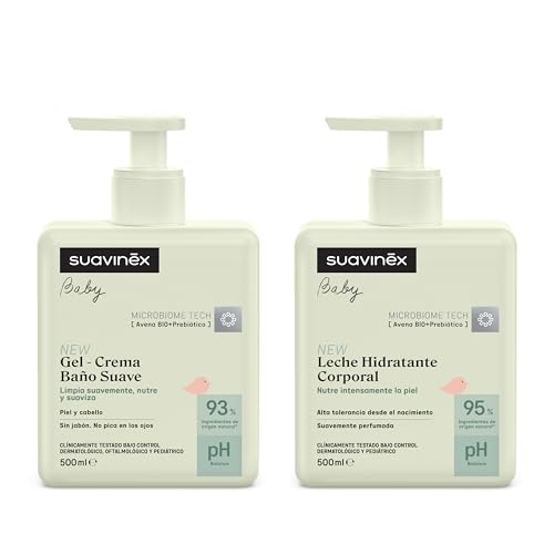 Suavinex, Pack Bebé con Gel Champú Suave para Piel y Cabello, Sin Jabón + Crema Hidratante Corporal, Apto Pieles Sensibles y Recién Nacidos, 93-95% Ingredientes Origen Natural, Testado, 2 x 500 ml