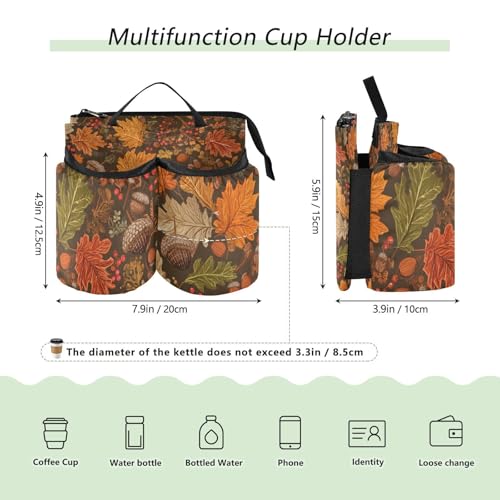 Image of Luggage Cup Holder for Suitcases Free Hands Suitcase Cup Holder Travel Luggage Drink Holder Portable Luggage Cup Caddy Bag Carrier with Handle Brown Maple Leaves Acorns Berries Branches