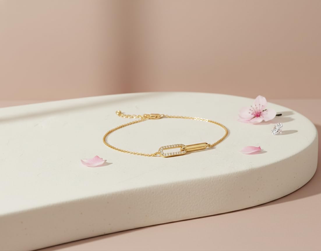 Solid Gold 0.10Ct F-G/VS Lab Grown Diamond Upto 7 Inches Length Adjustable Paperclip Charm Bracelet