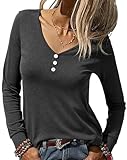 Camiseta Básica Mujer Manga Larga Ajustada Top Elegante con Cuello en V y Botones Camisetas Casual Elástica Lisa Cómodo para Uso Diarion Casual Elástica Elegante de Punto