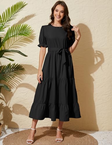 Women's Tiered Midi Dress with Tie Waist Flowy Summer Casual Short Sleeve Boho Swing Dress with Pocket2