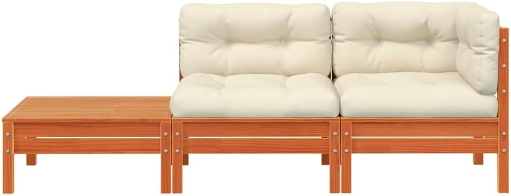 Patio Sofa Wax Brown 9.8 x 29.3 x 9.7 in Solid Pine Wood Modular Outdoor Loveseat with Cream Cushions Convertible Footstool for Garden, Balcony, Deck