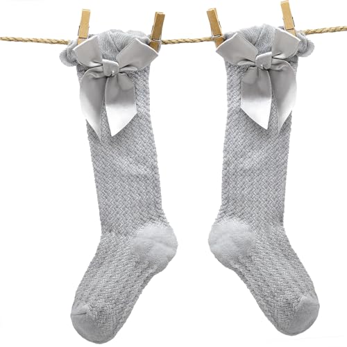 Calcetines Altos De Algodón Con Lazo Para Niños, Medias altas con lazo para niños, Calcetas de algodón, Medias infantiles con lazo decorativo, Algodón, Transpirable, Apto hasta 3 años, Gris
