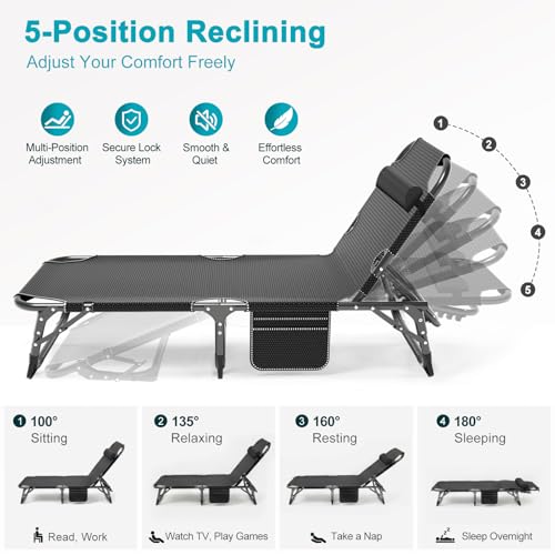 ABORON Heavy Duty Tanning Chair,Outdoor 5-Position Folding Chaise Lounge Chair with Pad,Portable Beach Lounge Chair for Outdoor Sunbathing Patio Pool Lawn Deck Poolside by ABORON - Image 3