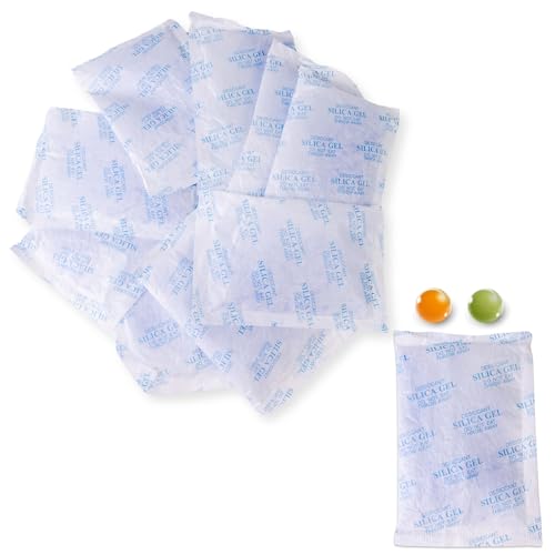 Lens-Aid Gel de Sílice Reutilizable (10 x 50 g) – Bolsas Deshumidificadoras con Indicador Naranja/Verde – Protección contra Humedad para Zapatos, Alimentos, Electrónica, Cámaras y Más