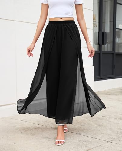 WANGZHI Women's Wide Leg Dress Pant Elegant Party Elastic Waist Trouser with Pockets4