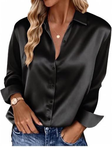 HOTOUCH Shirts for Women Button Down V Neck Dressy Casual Blouse Loose Long Sleeve Office Work Tunic Tops