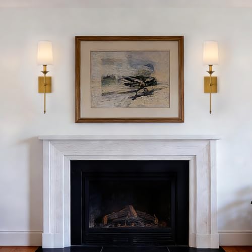 Image of Hardwired Wall Sconces Set of 2, Mid Century Candlestick Style Wall Mounted Sconce with Pure White Cylindrical Shade and Long Slim Stem,for Bathroom Bedroom Living Room